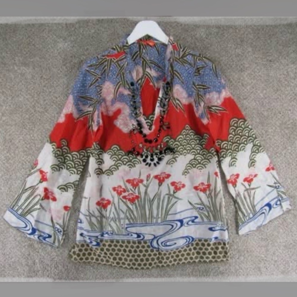 Hale Bob Cabana Silk Cotton Blend Long Sleeve Tunic Multicolor Top Size M